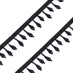 Noir Garniture de pompon en perles de polyester, avec des perles en plastique en forme de larme, embellissements de costumes, noir, 30~42x8mm