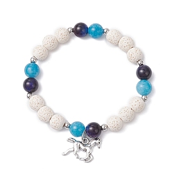 Смешанные камни Браслеты из натуральных бусин лавы, голубого кварца и радужного тигрового глаза для женщин, с подвеской в виде лошади из сплава в тибетском стиле, внутренний диаметр: 2-1/8 дюйм (5.3 см)