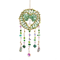 Vert Attrape-soleil suspendus en forme de cœur, éclats de pierres précieuses naturelles, avec des perles de verre, un anneau en fer, du fil de laiton et un alliage pour la décoration extérieure et de jardin, verte, 490~500mm