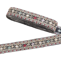 Black Ethnic Style Polyester Ribbon, Emobridered Woven Ribbon, with Sequins, Black, 1-5/8 inch(40mm)