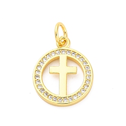 Cross Латунные микро проложить кубического циркония подвески, без кадмия и без свинца, с оболочкой, плоско-круглые, реальный 16 k позолоченный, с целью перехода в кольце, крестик, 16x13x2 мм, отверстие : 3.5 мм