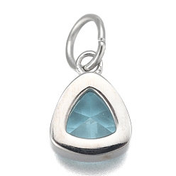 Dark Turquoise 304 Stainless Steel Cubic Zirconia Pendant, Triangle, Stainless Steel Color, Dark Turquoise, 12.5x9.5x5mm, Hole: 5mm