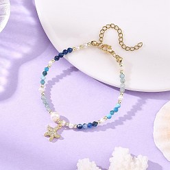 Blue Gradient Natural Apatite & Kyanite Faceted Round Beaded Bracelets with Natural Pearl, Ocean Brass Micro Pave Clear Cubic Zirconia Starfish Charm Bracelets for Women, Golden, Blue, 6.56 inch(16.65cm)