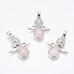 Rose Quartz Natural Rose Quartz Pendants, Angel, with Brass Finding, Platinum, 35x29.5x6mm, Hole: 4x7mm