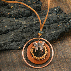 Красная Медь Кольцо из богемного сплава и дерева с подвеской-бабочкой, ожерелья из искусственной кожи для женщин, Красная медь, 15.75 дюйм (40 см)