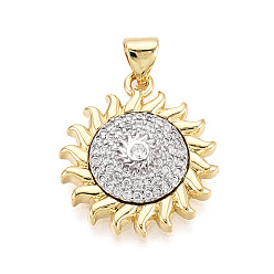 Солнце Латунные микропаве прозрачные подвески с фианитом, реальный 18 k позолоченный, солнце, 21x18.5x4 мм, отверстие : 3x5.5 мм