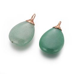 Green Aventurine Natural Green Aventurine Pendants, with Rose Gold Tone Brass Findings, teardrop, 36~37x21~22x7~8mm, Hole: 4~5mm