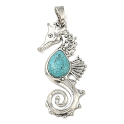 Античное Серебро Тибетский сплав стиля большие кулоны, прелести морских коньков, с синтетическими бирюзовый, античное серебро, 89.5x42.5x7.5 мм, отверстие : 5.5x12 мм