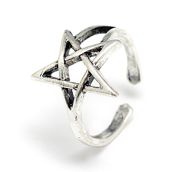 Antique Silver Adjustable Alloy Cuff Finger Rings, Pentagram4, Antique Silver, US Size 4 1/4(15mm)