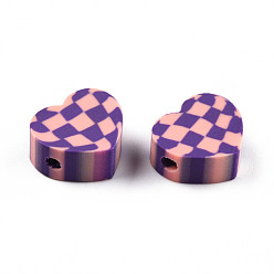 Индиго Бусины из полимерной глины , сердце с рисунком тартана, индиговые, 9~10x9.5~10.5x4~4.5 мм, отверстие : 1.6 мм