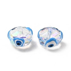 Deep Sky Blue Transparent Glass Beads, with Enamel, Faceted, Rondelle with Evil Eye Pattern, Deep Sky Blue, 10x7.5mm, Hole: 1.5mm