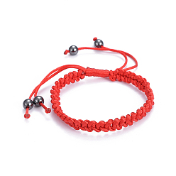 Red Adjustable Nylon Cord Braided Bracelets, Red String Bracelets, with Non-Magnetic Synthetic Hematite Beads, Red, 2-1/8 inch~3-3/8 inch(5.3~8.4cm)