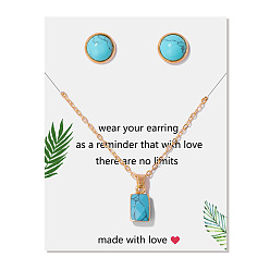 Синтетическая Бирюза Комплекты из круглых серег-гвоздиков и прямоугольных подвесок из синтетической бирюзы, комплект металлических украшений для женщин, 450~500 мм