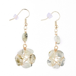 Prehnite Wire Wrapped Natural Prehnite Dangle Earrings, with Brass Earring Hooks and Plastic Ear Nuts, Star, 53mm, Pin: 0.8mm