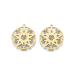 Echt 18 k vergoldet Ionenbeschichtung (IP) 201 Edelstahlanhänger, Hohlzauber, flach rund mit Stern, echt 18 k vergoldet, 27x25x1.5 mm, Bohrung: 1.5 mm