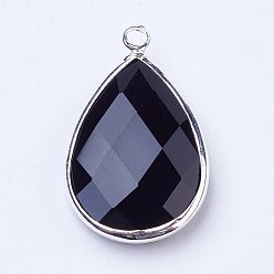Black Silver Color Plated Brass Glass Teardrop Pendants, Faceted, Black, 18x10x5mm, Hole: 2mm