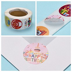 Word Self-Adhesive Paper Stickers, Gift Tag, for Party, Decorative Presents, Happy Birthday Theme, Round, Colorful, Word, 25mm, 500pcs/roll