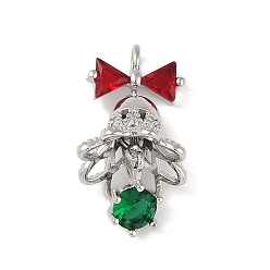Платина Рождественские тематические латунные подвески с микропаве и кубическим цирконием, без кадмия, без никеля и без свинца, рождественский колокольчик с бантом, платина, 25x12x12 мм, отверстие : 2 мм