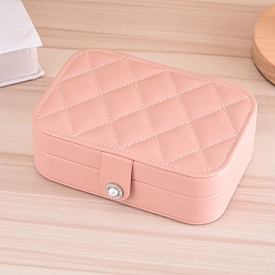 Pink Rectangle PU Imitation Leather Jewelry Storage Boxes, Portable Travel Rhombus Textured Case with Snap Clasp, for Ring Earring Holder, Gift for Women, Pink, 16.5x11.5x5.5cm