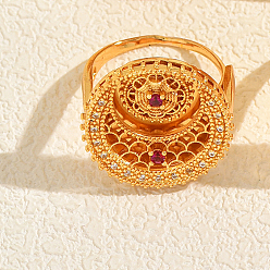 Red Brass Micro Pave Cubic Zirconia Cuff Open Rings for Women, Round, Golden, Red, 20mm, Inner Diameter: 16~18mm