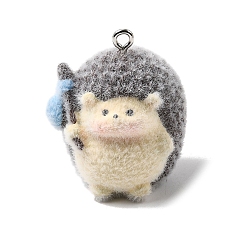 Темно-Серый Непрозрачные подвески смолы, очаровашка в виде ежика, с платиновыми тоновыми железными петлями, темно-серый, 29x25x21.5 мм, отверстие : 2 мм