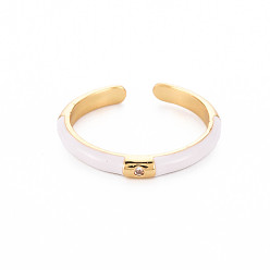 White Brass Enamel Cuff Rings, Open Rings, with Clear Cubic Zirconia, Nickel Free, Golden, White, US Size 8(18.1mm)