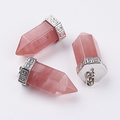 Стеклянный Камень Арбуза Стеклянные арбузные остроконечные подвески, с латунной найти, пуля, платина, 39x18 мм, отверстие : 4.5x5.5 мм