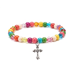 Cross Женский эластичный браслет из синтетической бирюзы (окрашенной) и акриловых бусин с подвеской из сплава, красочный, накрест, Кулон : 19x10.5x2 мм, внутренний диаметр: 2-1/8 дюйм (5.5 см)