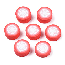 Red Handmade Polymer Clay Beads, Christmas Style, Flat Round with Snowflake, Red, 9x4~5mm, Hole: 1.5mm