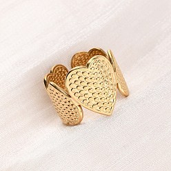 Настоящее золото 18K 304 открытые манжеты из нержавеющей стали для женщин, сердце, ионное покрытие (ip), реальный 18 k позолоченный, 16 мм, размер США 7 (17.3 мм)