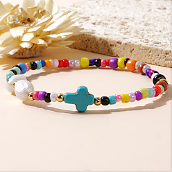 Разноцветный Женские плетеные браслеты в стиле бохо из стеклянных бусин и синтетической бирюзы, с имитацией жемчуга, красочный, внутренний диаметр: 11 дюйм (28 см)