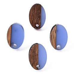 Cornflower Blue Resin & Walnut Wood Stud Earring Findings, with 304 Stainless Steel Pin, Oval, Cornflower Blue, 15x10mm, Hole: 1.8mm, Pin: 0.7mm