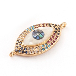Golden Brass Micro Pave Cubic Zirconia Links Connectors, with Abalone Shell/Paua Shell, Cadmium Free & Nickel Free & Lead Free, Eye, Clear, Colorful, Golden, 24.5x12x4.5mm, Hole: 1mm