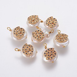 Cancer Natural Cultured Freshwater Pearl Pendants, with Brass Micro Pave Cubic Zirconia Findings, Nuggets with Constellation, Golden, Marine Blue, Cancer, 17~22x11~16x5~11mm, Hole: 1.6mm