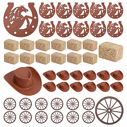 Mixed Color 1 Bag Plywood Horseshoe Decorations, Western Cowboy Party Decoration, with 12Pcs Plastic Craft Cowboy Hat, 3 Bags Wooden Rick Miniature Ornaments and 12Pcs Wood Hanging Ornaments, Mixed Color, 69x69.5x3mm, Hole: 4~4.5mm