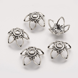 Античное Серебро Тибетском стиле сплав шарик крышки, 5-лепесток полые цветок, античное серебро, 25.5x11 мм, отверстие : 4 мм