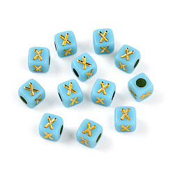 Letter X Покрытие акриловыми шариками, куб с письмом, золотой металл обвитыми, Письмо X, 4.5x4.5x4.5 мм, отверстие : 2 мм, Около 6250 шт / 500 г