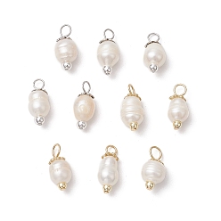 Золотой & Цвет Нержавеющей Стали 10шт 2 цвета натуральный культивированный пресноводный жемчуг рисовые подвески, с 304 петлями из нержавеющей стали и гальваническим немагнитным синтетическим гематитом, цветочный белый, золотые и нержавеющая сталь цвет, 16.5~17x7.5~8.5 мм, отверстие : 3.5 мм, 5 шт / цвет