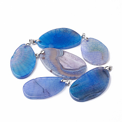 Dodger Blue Natural Agate Pendants, with Platinum Tone Brass Findings, Dyed, teardrop, Dodger Blue, 25~55x25~35x3~4mm, Hole: 3.5x4mm