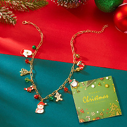Снеговик Ожерелья-нагрудники с подвеской из сплава, страз и эмали на рождественскую тематику, золотые, красный белый и зеленый, снеговик, 15.75 дюйм (40 см), Кулон : 26 мм