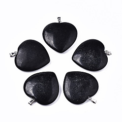 Black Stone Synthetic Black Stone Pendants, with 304 Stainless Steel Snap On Bails, Heart, Stainless Steel Color, 36~37x35x7~8mm, Hole: 5x2.5mm.