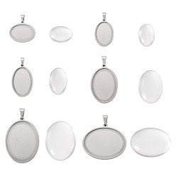 Oval 6Pcs 6 Styles 304 Stainless Steel Pendant Cabochon Settings, with 6Pcs 6 Styles Transparent Clear Glass Square Cabochons, Stainless Steel Color, Oval, 30.5x20.5x2.1mm