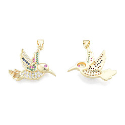 Colorful Brass Micro Pave Cubic Zirconia Pendants, with Brass Snap on Bails, Real 18K Gold Plated, Nickel Free, Bird, Colorful, 24x22x4mm, Hole: 3x4mm