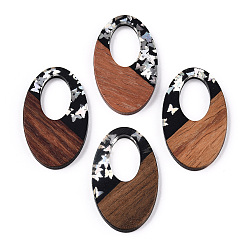 Silver Opaque Resin & Walnut Wood Pendants, Oval Charms with Butterfly Paillettes, Silver, 35.5x22x3.5mm, Hole: 16x10mm