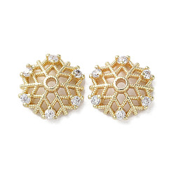 Настоящее золото 14K Покрытие стойки из латуни с прозрачными колпачками из кубического циркония, долговечный, снежинка, реальный 14 k позолоченный, 12x11x3.5 мм, отверстие : 1.4 мм