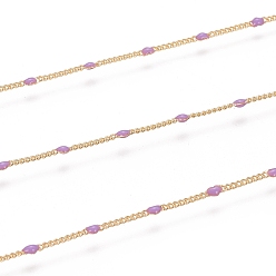 Medium Purple Handmade Brass Curb Chains, Heart Link Chains, with Enamel and Spool, Unwelded, Long-Lasting Plated, Cadmium Free & Nickel Free & Lead Free, Real 18k Gold Plated, Medium Purple, 1.5x1x0.1mm, about 32.8 Feet(10m)/roll