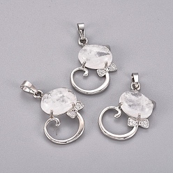 Хрусталь Кулоны для котят из натурального кварца, с латунными находками платинового тона и хрустальным стразами, кошка в форме банта, 32x25.5x7.5 мм, отверстие : 4.5x7 мм