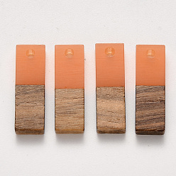 Coral Transparent Resin & Walnut Wood Pendants, Waxed, Rectangle, Coral, 20x6.5x3~4mm, Hole: 1.8mm