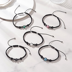 Смешанные камни Круглые браслеты из натуральных бусин, смешанных с драгоценными камнями, плетеные для женщин., с плетеной нейлоновой нитью и 304 бусинами из нержавеющей стали, внутренний диаметр: 1.93~3.56 дюйм (4.9~9.05 см)