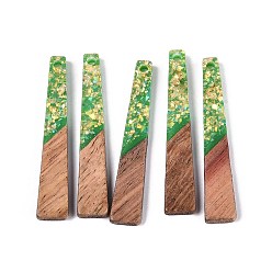Зеленый лайм Подвески из непрозрачной смолы и орехового дерева, трапециевидные подвески, с блестящей пудрой и золотой фольгой, зеленый лайм, 44.5x8x3~3.5 мм, отверстие : 2 мм